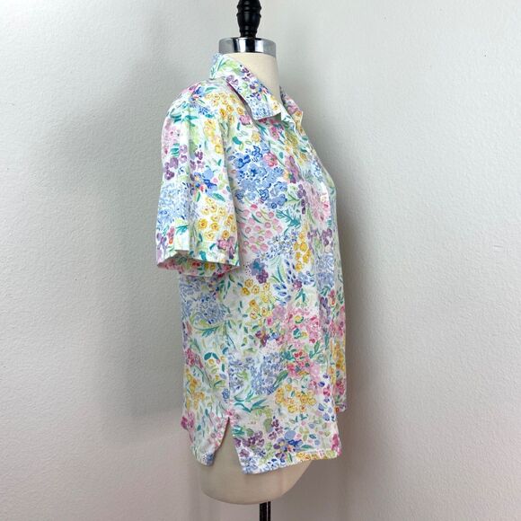 Vtg 90s Koret Womans Spring Floral Blouse Med Cotton Linen Short Sleeves Gauzy - Picture 7 of 9